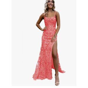 Womens Coral Sparkly Sequin Mermaid Formal Maxi Dress Gown Slit Size 8 Elegant